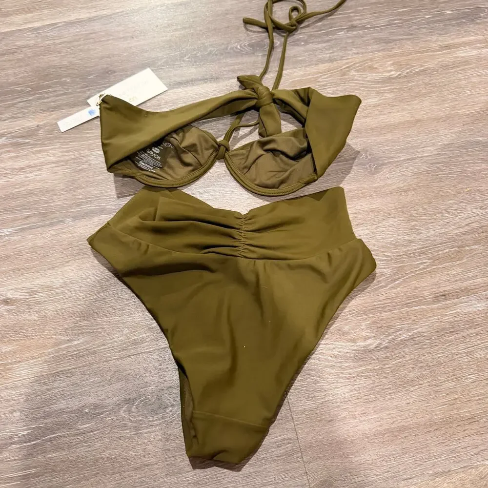 Caroline Constas Olive Green Two Piece Halter Bikini New Size Small